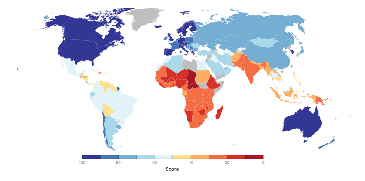 Weltkarte des Drinking Water & Sanitation Score (EPI 2024)