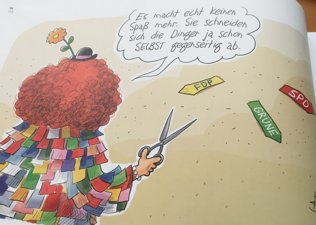 Karikatur zu Karneval: Clown kann der "Ampel" keine Krawatten abschneiden, weil die das schon selbst erledigt haben.