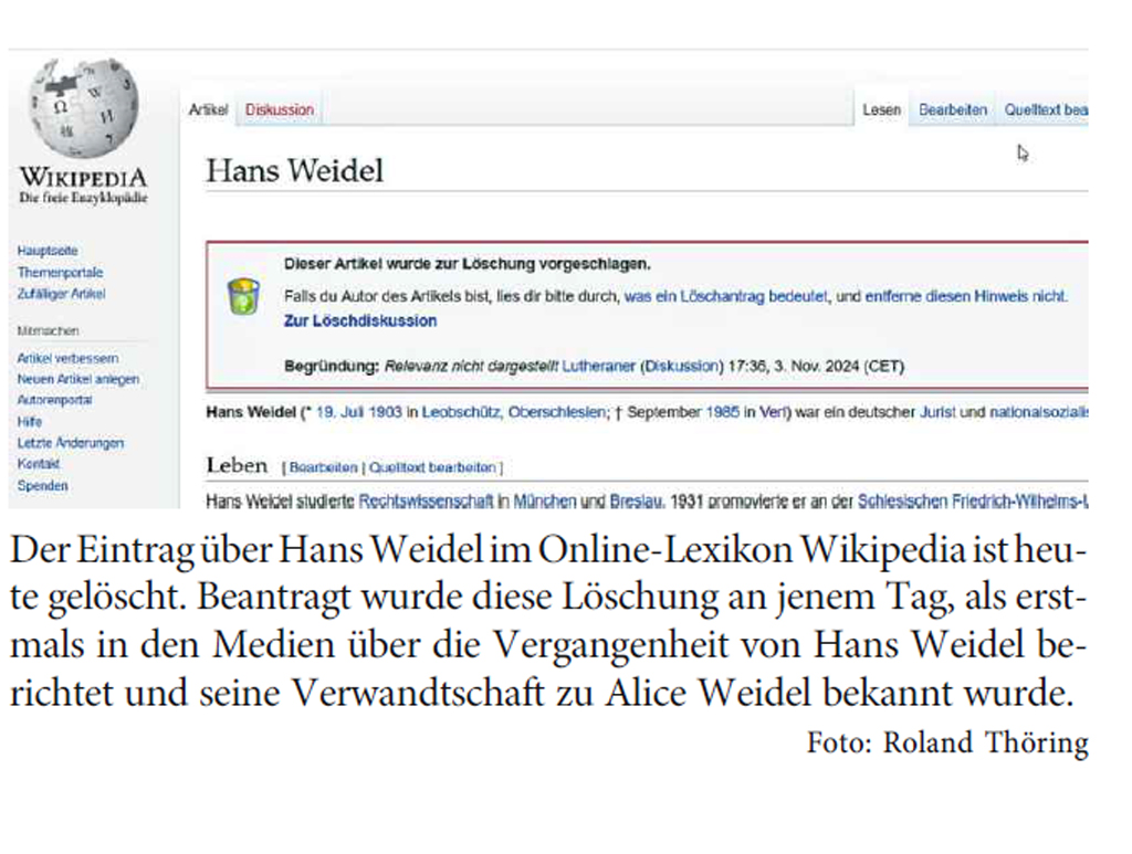 Wikipedia Eintrag zum Nazi-Richter Hans Weidel, inzwischen gelöscht.